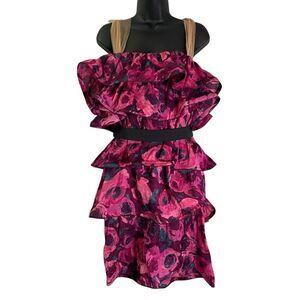 LANVIN x H&M Women's Pink Floral Ruffled Tiered Dress 2010 Roses US 12